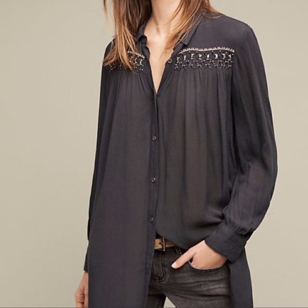 Anthropologie Floreat Beulah Beaded Buttton Up Pleat Front Long Sleeve Blouse